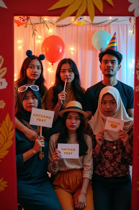 A clear and detailed image of a group of Malaysian people inside a vibrant photobooth setup during a festive event. The group is holding colorful props like funny signs, hats, glasses, and other party accessories, yet their expressions are sad or disappoin...