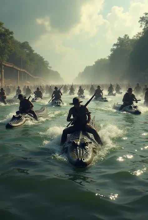 Men riding alligators ,  all armed in the middle of the river, Hundreds of Invasion from Pará