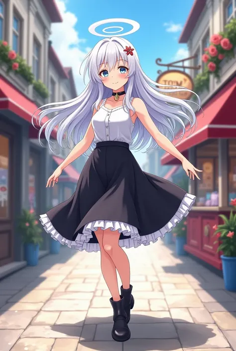 anime. best quality, ultra high res,1girl, ultra , sleeveless white button frill sleeves shirt  black skirt,with white frill. black short boots. long legs. black choker, black cute, (aegyo sal:1), (long white hair (light blue eyes)), looking at viewer, ful...