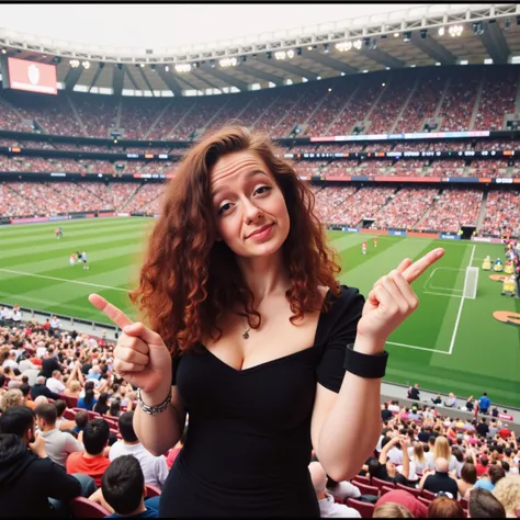 [ultra film grain:1], full body shot, low quality cell phone photo, photorealistic, realistic photography, (curvy:0.8) a  beautiful woman in the stadium, auburn hair, looking at the camera, excited and nervous, smiling making funny faces, funny image, fbqu...