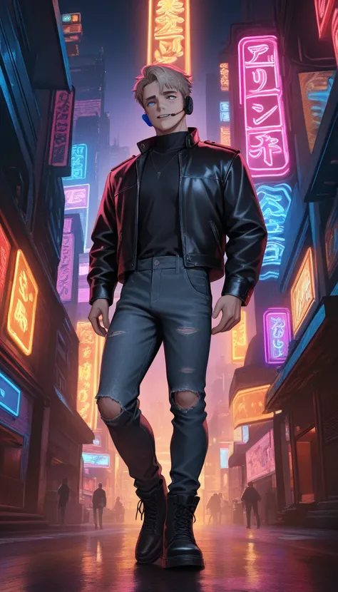 A handsome boy, standing in a cyberpunk cityscape at night with neon lights flashing around him. He is wearing a stylish leather jacket and ripped jeans, with a cool headset on his head. The boy has sharp features and a confident expression. The overall st...