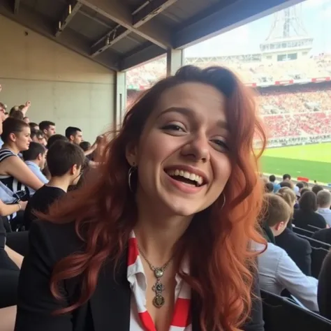 [ultra film grain:1], full body shot, low quality cell phone photo, photorealistic, realistic photography, (curvy:0.8) a  beautiful woman in the stadium, auburn hair, looking at the camera, excited and nervous, smiling making funny faces, funny image, fbqu...