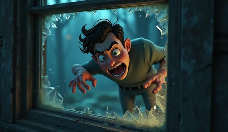 Generate in cinematic 3d cartoon styleyoung man desperately climbing out of a broken window to escape the haunted mansion.