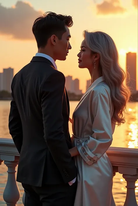 ((best quality)), ((masterpiece)), (detailed), a younger 23 years old Asian man with short black hair wearing a business suit and a A beautiful still very young looking 50 years old gray haired Vietnamese girl with long gray hair as a rich sexy woman weari...