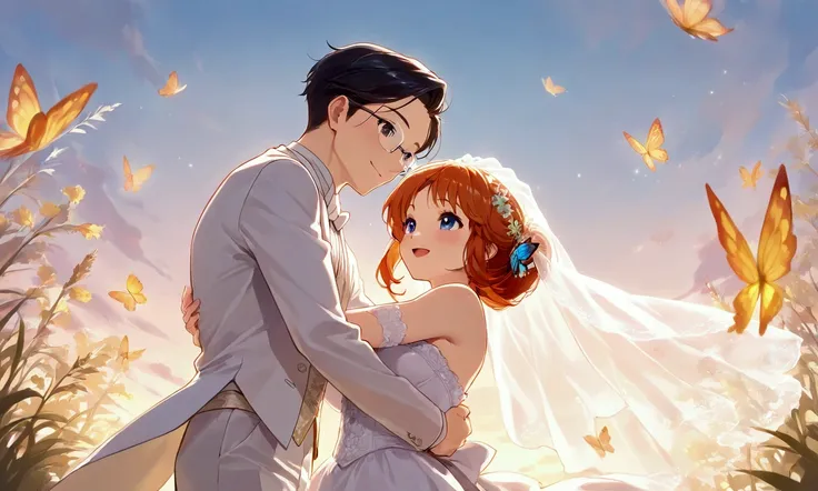 (masterpiece, top quality :1.2),a couple ,(Bride and Groom),the Bride(red-orange hair,her hair up,cute cat-eared lady,big smile, cheerful and playful,hugs the Groom,strong hug, white dress with a Victorian design,gothic design),the Groom(black hair,wearing...