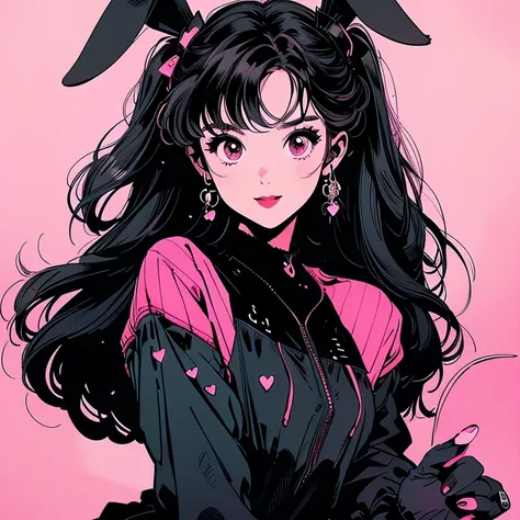 A cute anime girl with Kuromi features, black and pink theme, wearing a black hoodie with bunny ears, gothic lolita style dress, holding a pink heart wand, mischievous smile, detailed eyes, soft lighting,twin tails long hair, heart pattern details, pastel ...