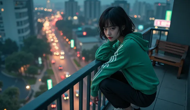 A beautiful Japanese girl in a green Adidas tracksuit, loose black pants and short wavy hair is leaning on a balcony railing and looking from above. Her eyes are looking down. There are cars and motorbikes below the balcony. Top view and front view at nigh...