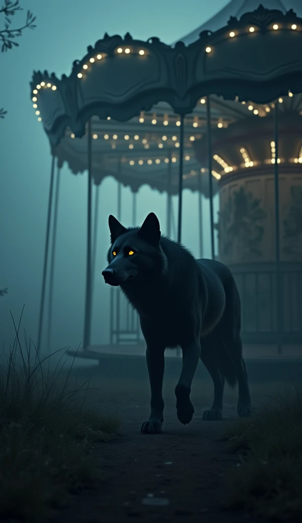 “A black wolf walks between a stopped old carousel, covered in fog. The dim lights of the carousel flicker softly, contrasting with the darkness. The black wolf, with its black fur and glowing eyes, paces around the carousel with a mix of curiosity and cau...