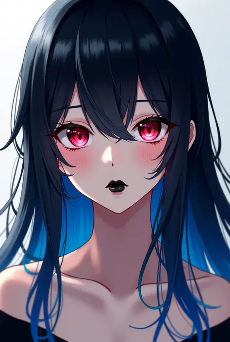  anime girl with long black hair,  and with blue hair tips ,  and with black lips , And with dark red eyes 