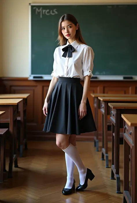 arafed woman in a skirt and white shirt posing in a room, a portrait by Wayne England, pixabay, paris school, school girl, full body length shot, full subject in shot, full length and white stockings, dressed as schoolgirl, sat at her desk, close full body...