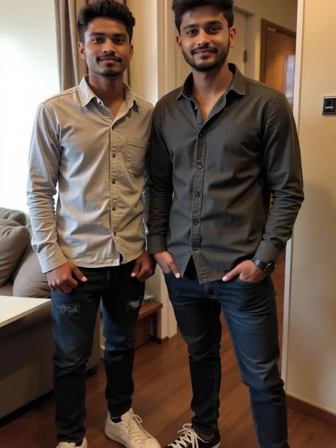 two men standing next to each other in a room, a picture inspired by Saurabh Jethani, tumblr, realism, very very low quality picture, candid picture, very clear picture, ghutra and egal, taken with the best dlsr camera, with two characters, full body photg...