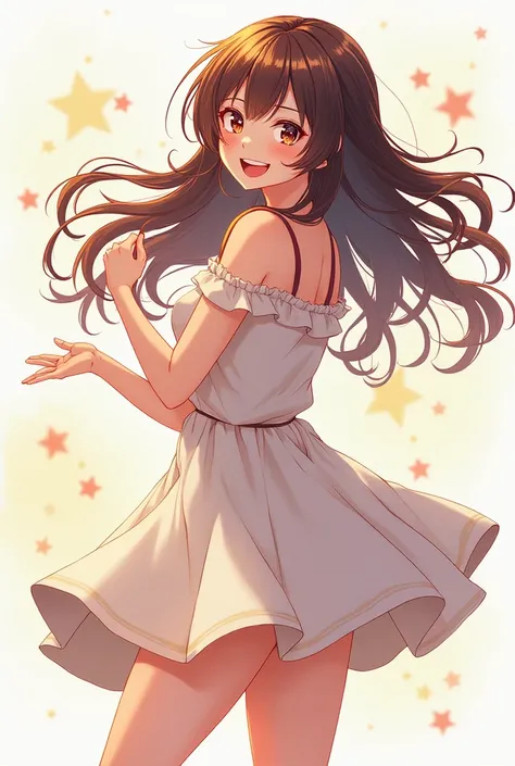  best quality, 1 girl, smiling, happy, open mouth, dynamic pose, solo, cowboy shot, (side view:1.4), thighs, long hair, off-shoulder dress, dress skirt, wind, floating hair, magazine cover title "Happy New Year",acryli painting,Anime style,colored pencil d...