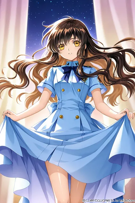 A girl that is an student. She has long wavy Brown hair with shiny golden eyes with blue dress uniform. She is in love with a boy. Shes looking from the distance a black haired boy. Kind. Clamp Tsubasa chronicles art style. 