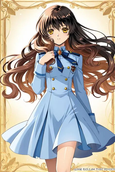 A girl that is an student. She has long wavy Brown hair with shiny golden eyes with blue dress uniform. She is in love with a boy. Shes looking from the distance a black haired boy. Kind. Clamp Tsubasa chronicles art style. 