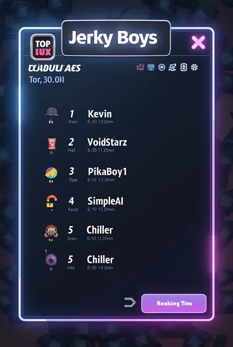 create a top 10 leaderboard an event called jerky boys and list the top 5 as (1.kevin) (2.voidstarz) (3.pikaboy1) (4.simpleai) (5.chiller) and the rest of the names be random