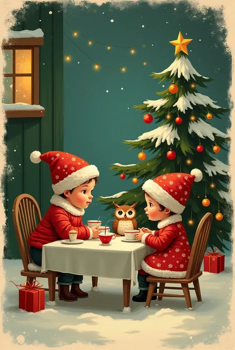 old fashion greeting card style, vignette, winter, New year, Winter holidays, depicting a family sitting before a celebration table in company with an owl and a cup of coffee, warm house, christmas tree, lightings and lanterns, warm white, green and red co...