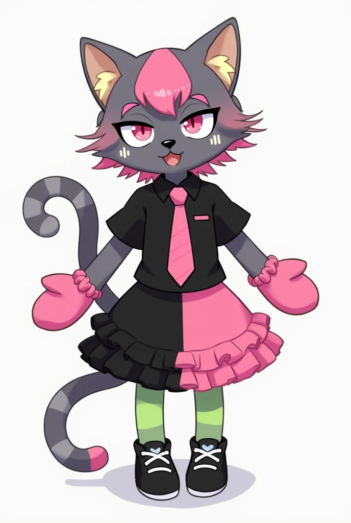 She is also a cat, like Husk. With dark gray fur, 3 small light yellow hearts on each cheek, small eyebrows in the form of a circle, pointed ears, a black nose in the form of a heart. tail with a tassel at the end, and the tail itself in bright pink stripe...