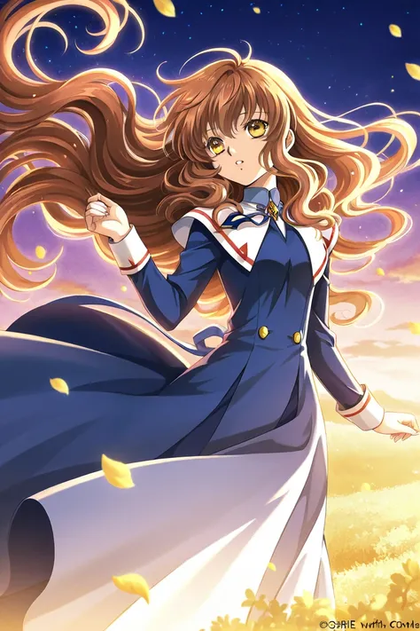 A girl that is an student. She has long wavy Brown hair with shiny golden eyes with blue dress uniform. She is in love with a boy. Shes looking from the distance a boy. Kind. Clamp Tsubasa chronicles art style. 