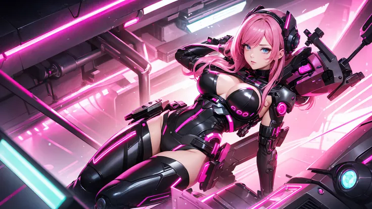  A cyborg girl with big  and a very sexy cyborg outfit and pink hair lights neon lights,rose haur  ,Big , rose color eyes 