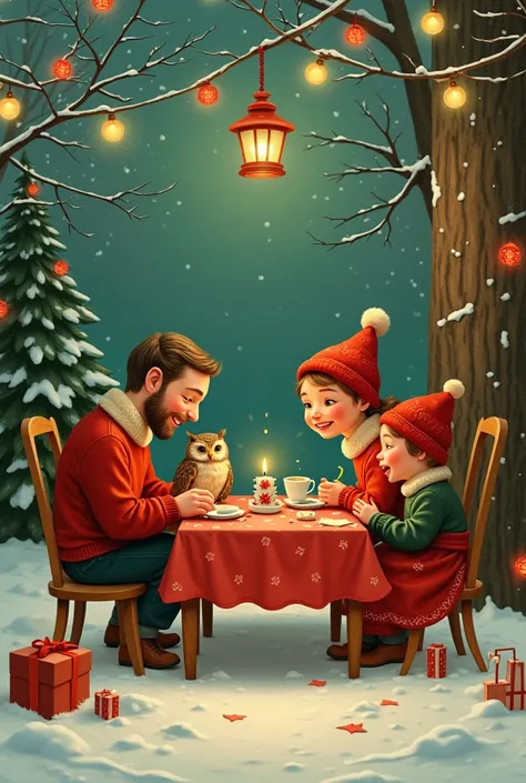 old fashion greeting card style, vignette, winter, New year, Winter holidays, depicting a family sitting before a celebration table in company with an owl and a cup of coffee, warm house, christmas tree, lightings and lanterns, warm white, green and red co...