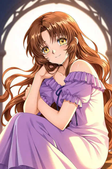 A girl that is an student. She has long wavy Brown hair with shiny golden eyes with blue pijamas. She is happy, but crying. Kind. Clamp Tsubasa chronicles art style. 