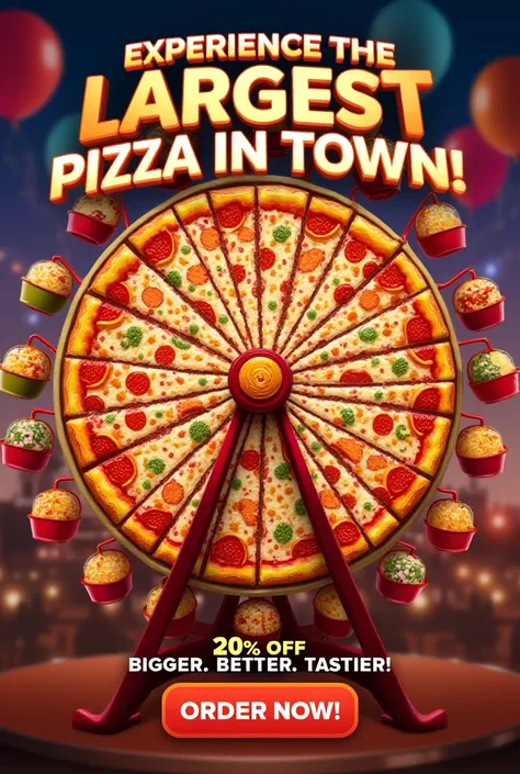 A bold and creative poster design for the largest pizza in town. The poster features a giant pizza shaped like a Ferris wheel, with each slice acting as a colorful gondola filled with toppings like pepperoni, vegetables, and cheese. The background is a vib...