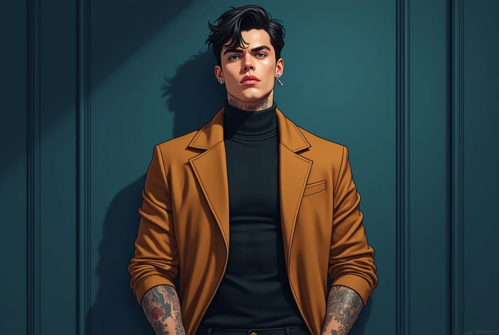 horizontal image. retrato.  Realistic illustration .  Realistic image, aesthetics.  detailed image , luxury environment, fashion, love.  front focus. A stocky young man , handsome, with a seductive look,  and a relaxed posture , rebellious and very sexy . ...