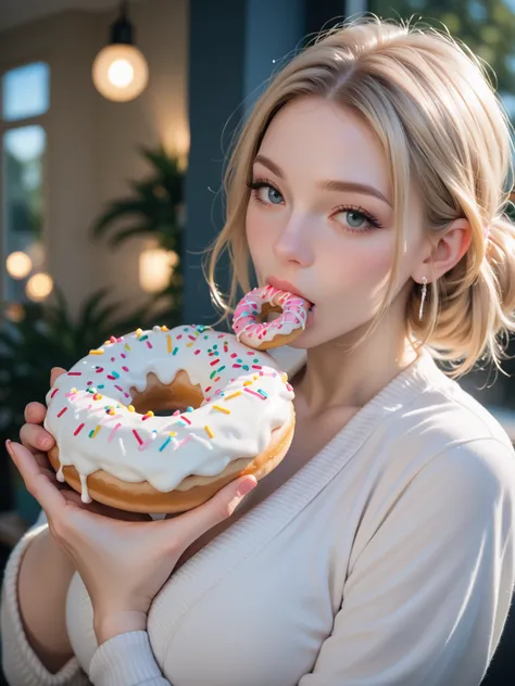 A close-up photo of a beautiful woman with massive cleavage eating a donut