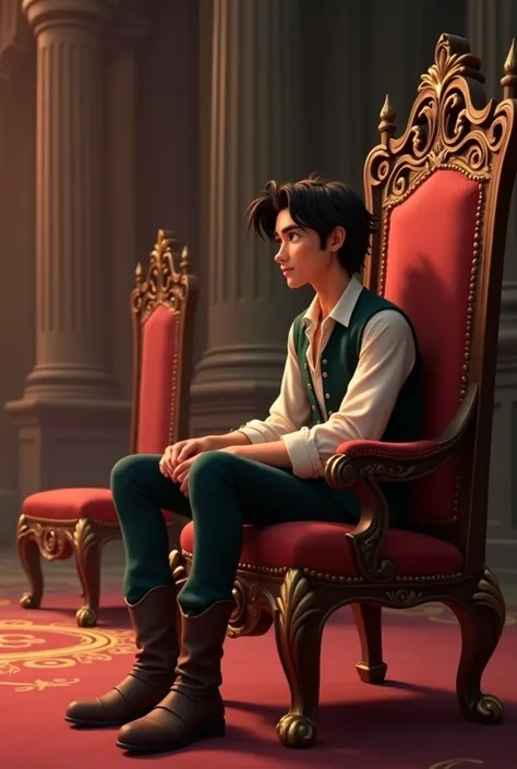 Create image Flynn rider sitting on a chair and looking at the empty chair beside him it should be castle and sitting on two royal chairs create like movie character there two chairs