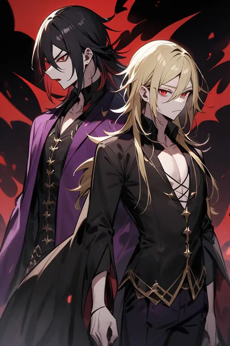 Black vampire man with black and blond dreads and red eyes black and purple clothes