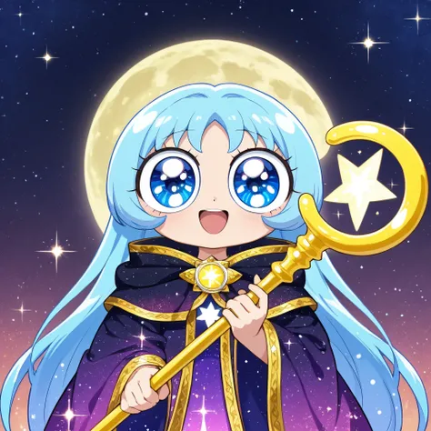 An enthusiastic female sorcerer (long hair, sparkles, ornate robe, huge eyes, magical girl moon staff) is racing to join a grizzled band of veteran adventurers.