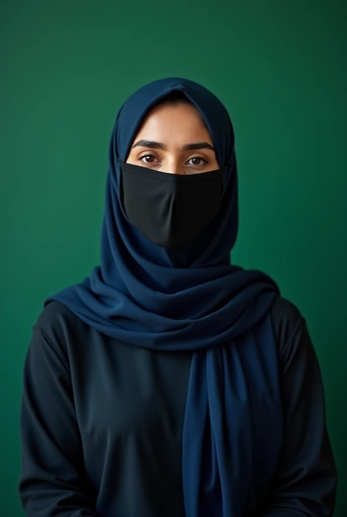 A 25-year-old Afghan female teacher wearing traditional Islamic attire sits calmly in a teaching pose. She wears a dark blue hijab that fully covers her hair, shoulders, and upper chest, adhering to Islamic modesty standards, paired with a black mask cover...