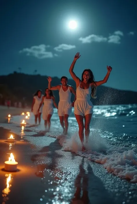 " A hyperrealistic representation of the New Year ritual in Brazil ,  showing people dressed in white as they jump on the ocean waves under the moonlight.  The stage is a quiet beach at night ,  with sparkling water reflecting moonlight .  People are in mo...