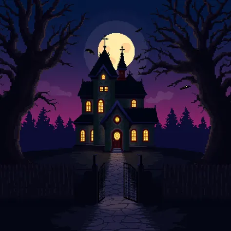 A pixel-art illustration of a spooky mansion set against a twilight sky, with a full moon casting an eerie glow. The mansion is large and Victorian-style, with ivy creeping up its walls and warm yellow lights glowing from the arched windows, creating a mys...