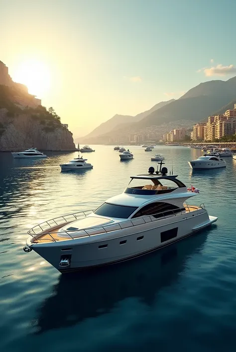 "A picturesque view of Monacos coastline, with yachts reflecting in the calm, crystal-clear sea, and the city glistening under the bright Mediterranean sun."
