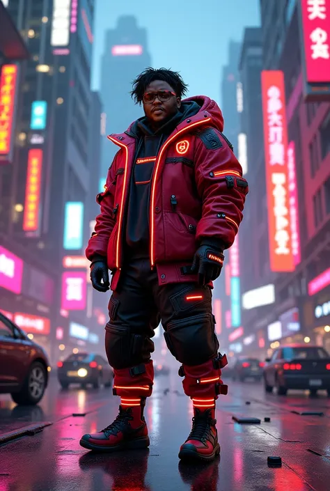 Chubby 32-year-old black boy who measures 170 meters  , frizzy hair, Neon red and black futuristic dress in a city in the style of Cyberpunk.