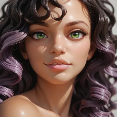 female, curvy, thick, sexy, lovely, long curly black hair, curly front bangs, Emerald green eyes, tan skin, light purple lip stick, pleased, naked, head shot, head, close up,