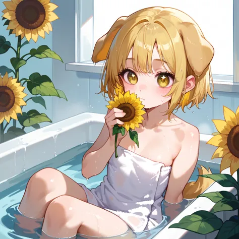  asian girl， unique ， Yellow Hair ，Short hair，  yellow pupils  ，bath towel，包着bath towel，Hair dripping ，Wet hair，blushing，yellow dog ears， Droopy Ears ， yellow plush ears，  the sun is shining ，yellow dog tail ，Droopy ears，Slightly fat girl ，The whole face t...