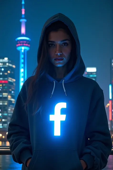 The image shows a young woman standing in front of a city skyline at night. She is wearing a purple hoodie with the Facebook logo on it and a black t-shirt underneath. The hoodie is glowing with neon lights, giving it a futuristic and futuristic look. The ...