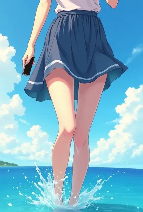 a close up of a person in a skirt with a cell phone, tsubasa nakais style, anime girl walking on water, is wearing a swimsuit, official art, sui ishida art manga, summer morning, sunny summer day, style anime, bright summer day, full color manga visual sty...