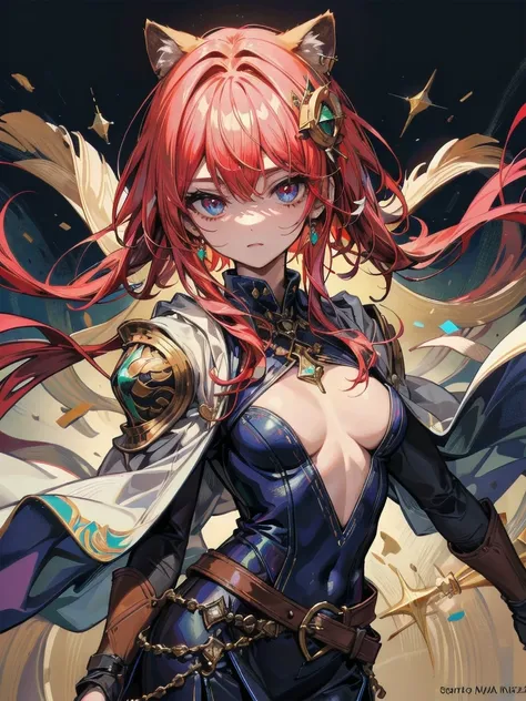 ((best quality)), ((masterpiece)), (detailed), perfect face, Highly detailed face, detailed eyes, (looking at viewer:1.2), (red hair), bangs, ((hair over shoulder)), floating hair, raccoon ears, The armor worn by medieval Western knights, the shiny design,...