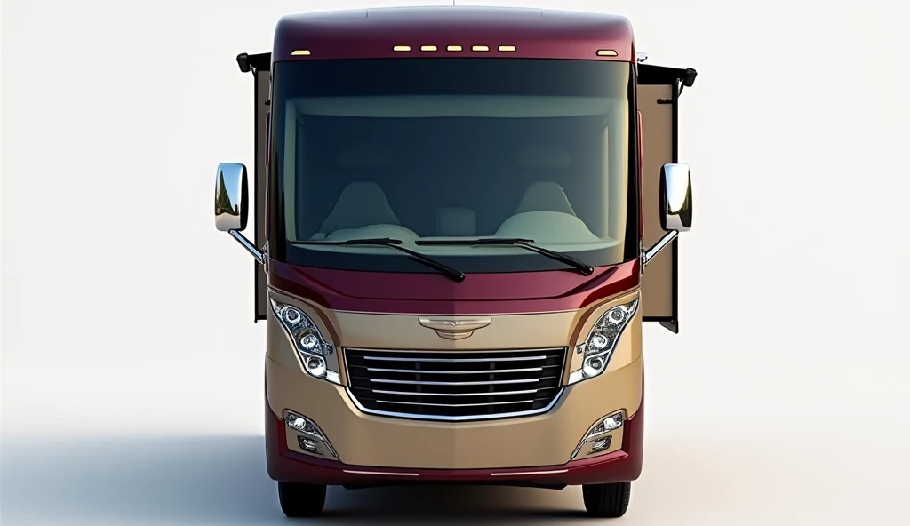 "The front view of a luxury recreational vehicle (RV) with a bold and modern design, featuring a maroon and beige exterior. The RV showcases a large windshield with sleek side mirrors, bright LED headlights, and a stylish grille, emphasizing its premium an...