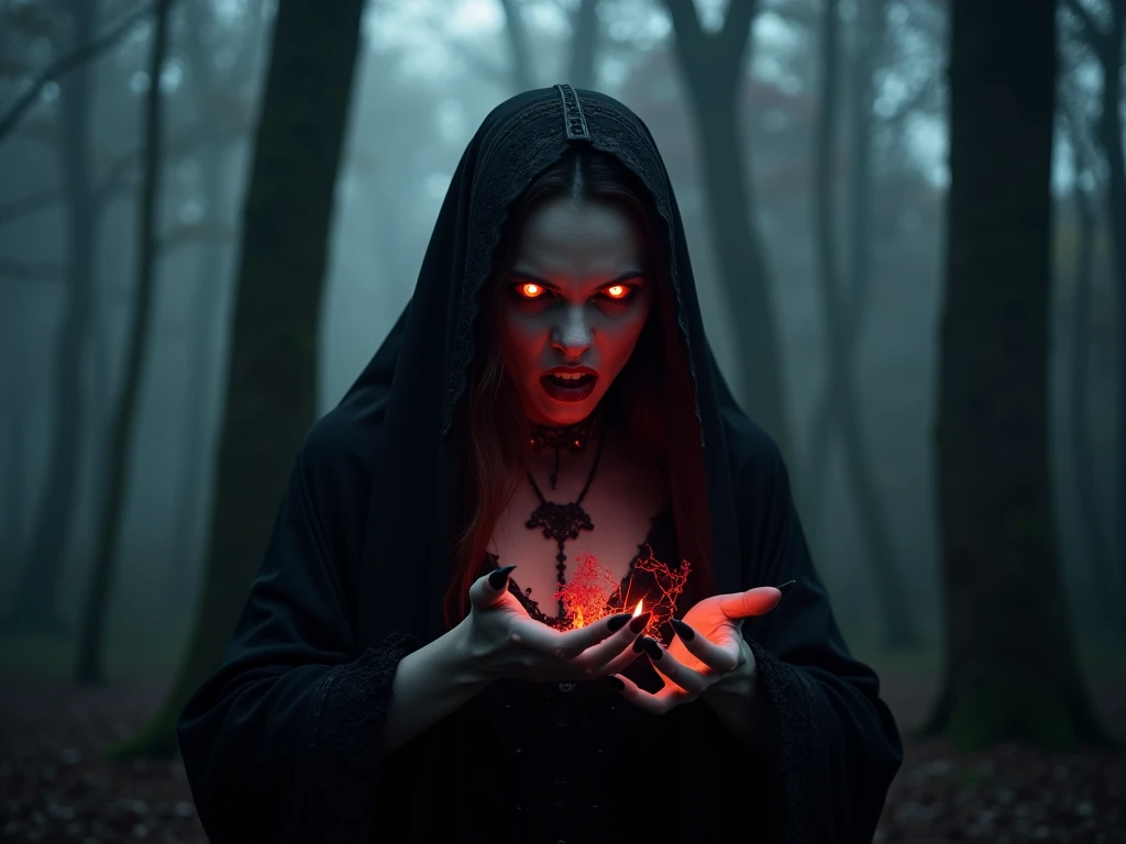 The beautiful dracula queen exudes a magical aura with glowing red eyes opening her mouth looking at her fangs claws from her sharp fingernails The atmosphere of dramatic horror full of effects looks real in the middle of a forest that is dark and foggy at...