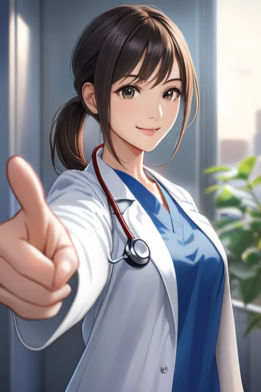 anime character in a white coat , beautiful female doctor with a pony tail hairstyle  、smile、smooth anime cg art,   wearing a white hospital gown  ,   wearing a white coat  and a blouse, With a Stethoscope, [[doctor, makoto shinkai,   wearing a white coat ...