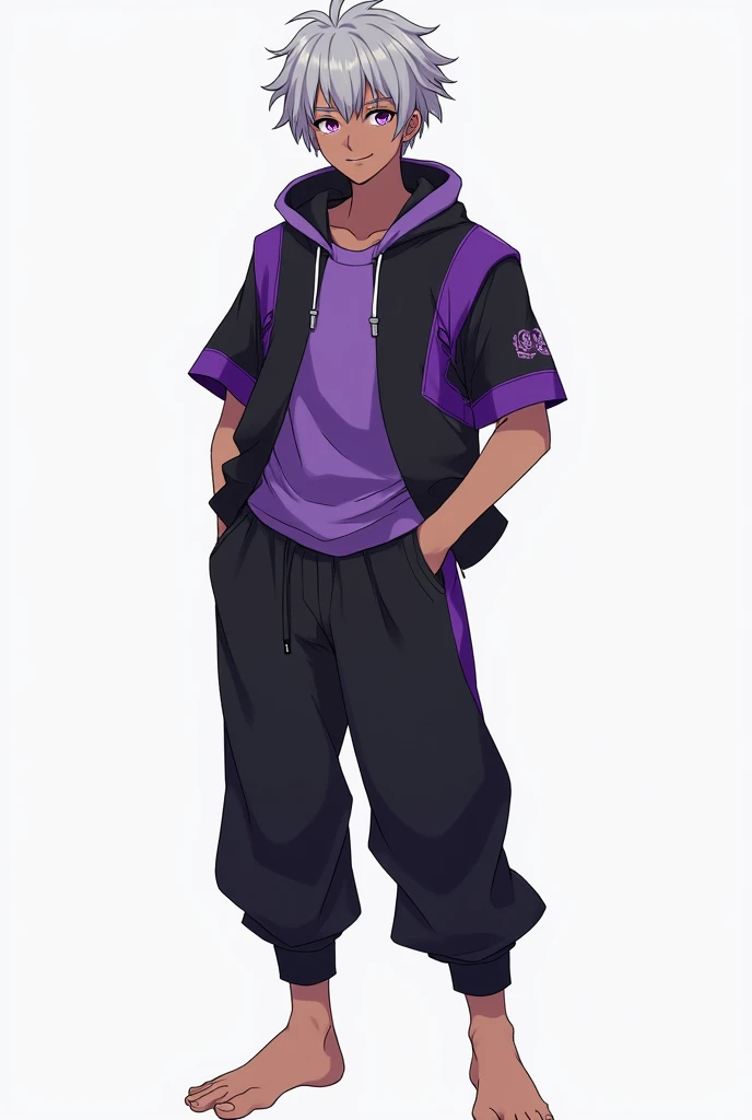 Make a 17-year-old man in anime style , your hair is gray and a little messy ,  his skin is brown and his eyes are a vibrant purple .  He wears a stylish blouse like a cap and the details of the blouse are purple with the primary color black,  his pants ar...