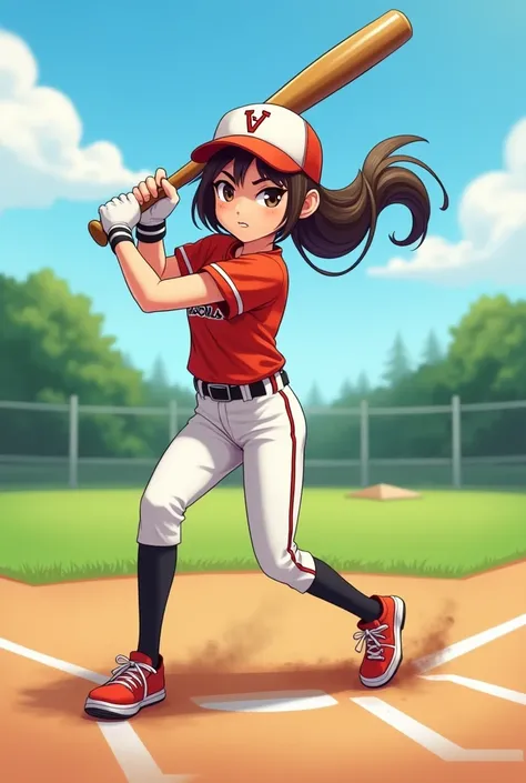 A girl hit a ball with a bat
