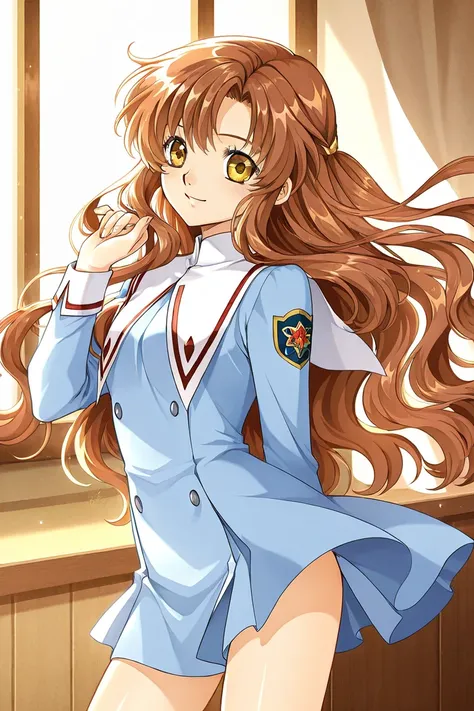 A girl that is an student. She has long wavy Brown hair with shiny golden eyes with blue dress uniform. She is happy. Kind. Clamp Tsubasa chronicles art style. 