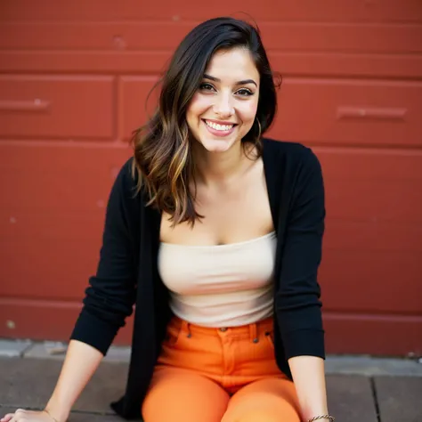 A portrait of a young woman sitting outdoors in front of a red brick wall. She has shoulder-length dark brown hair with soft highlights, styled casually with a side part. She is smiling gently, exuding a relaxed and confident demeanor. She is wearing a bla...