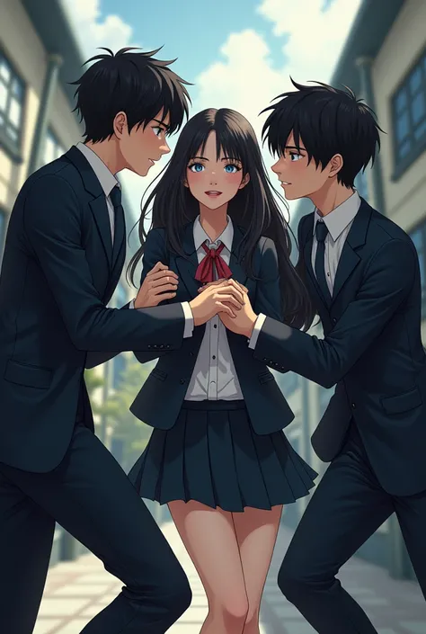 3 handsome teenage boys, black hair, wearing high school uniforms. was fighting over a beautiful teenage girl with long black hair, who was wearing a high school uniform.