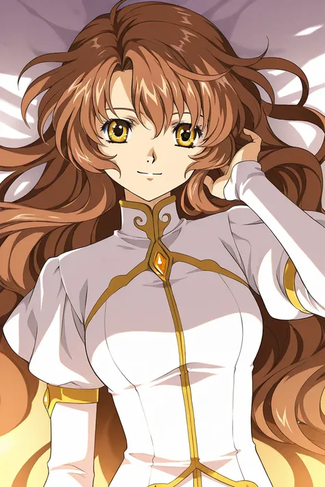 A girl that is an student. She has long wavy brown hair with shiny golden eyes with a beautiful white two pieces set. Smiling. Clamp Tsubasa chronicles art style. 